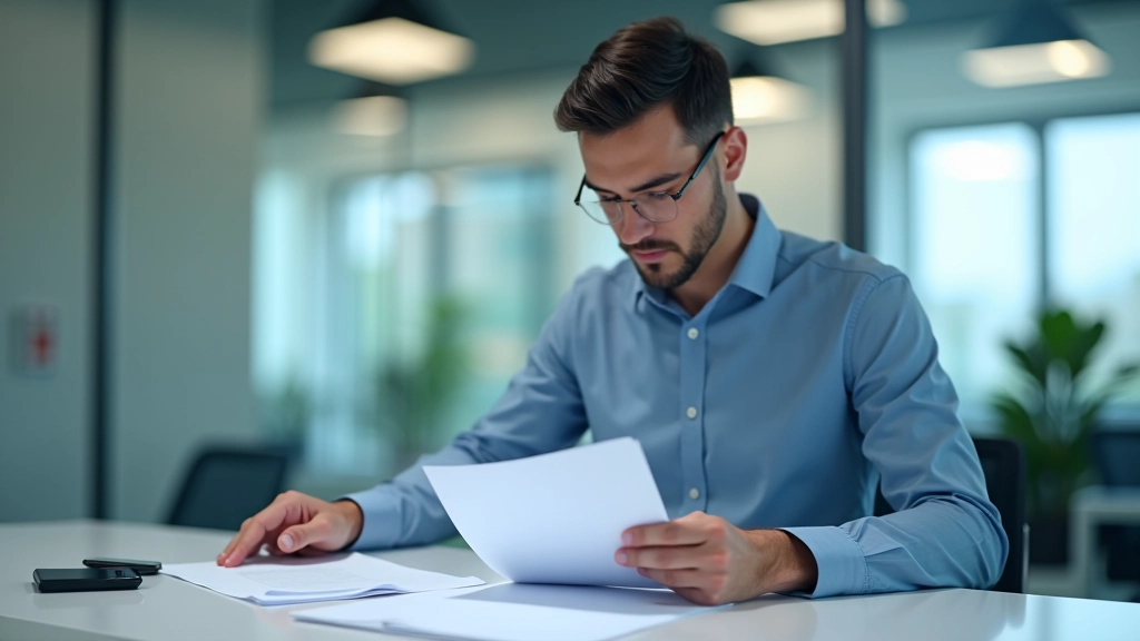 Trabajador en oficina revisando documentos de seguridad social junto a su computadora